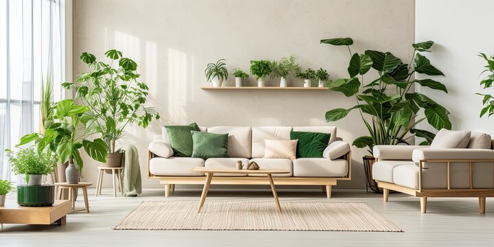 Light living room with green houseplants and furniture