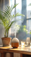 A wooden table topped with a white and brown diffuser.