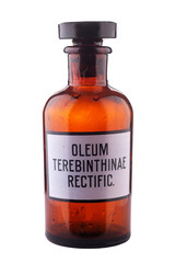 Glass medical jar with purified turpentine oil on a white background.