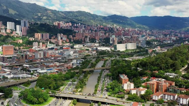 The busy day life in Medellin city and the crowded highways.