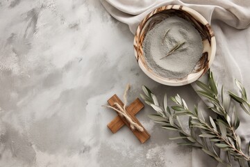 Christian cross and ash as symbol of religion, sacrifice, redemption of Jesus Christ. Ash Wednesday concept