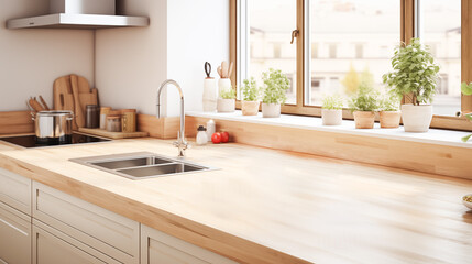 Wooden light empty countertop, faucet and sink in a modern white kitchen, kitchen panel in the interior