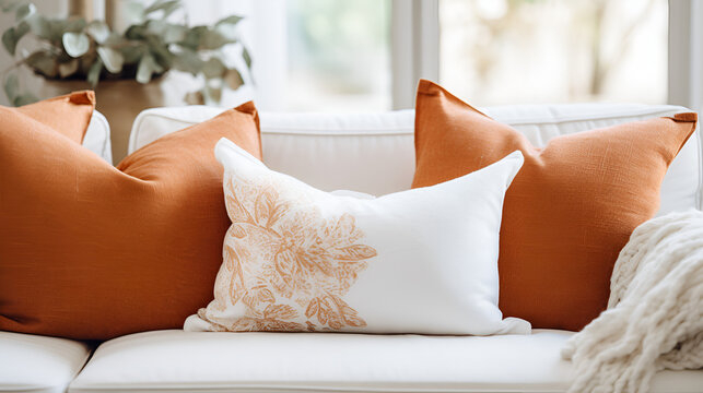 Close up of fabric sofa with white and terra cotta pillows. French country home interior design of modern living room,Close up of fabric sofa with white and terra cotta pillows. French country home in