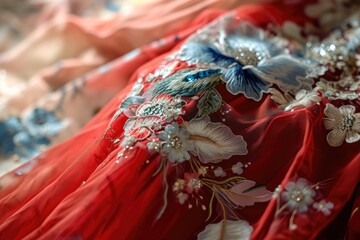 Stunning close up details of traditional chinese cape wedding dress in red, white and blue colors - Powered by Adobe