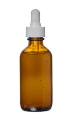 A glass brown bottle with a dropper on a white isolated background