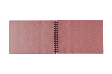 Open spiral bound notepad with two craft red sheets, isolated on white, transparent background, PNG. Top view, copy space for text, template, mockup