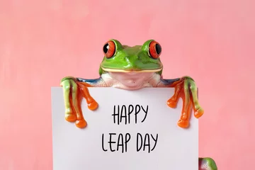 Keuken spatwand met foto Green frog on the pastel background. 29 february leap year day concept © netrun78