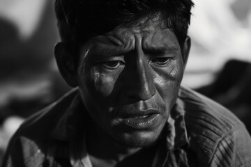 Dramatic portrait of a refugee man. Background with selective focus and copy space