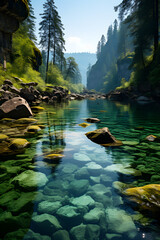 Crystal clear river flowing through a sunlit forest with moss-covered rocks