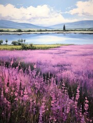 Obraz premium Lakeside View and Vintage Landscape: A Captivating Lavender Dream