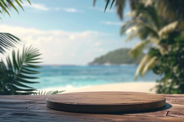 Wooden podium for product display on the tropical beach background - obrazy, fototapety, plakaty