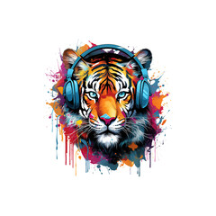t-shirt design, colorful tiger with headphones on graffiti art. Transparent background.
