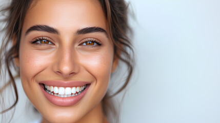 Perfect healthy teeth smile of a young woman. Teeth whitening. Dental clinic patient. Image symbolizes oral care dentistry, stomatology. Dentistry image