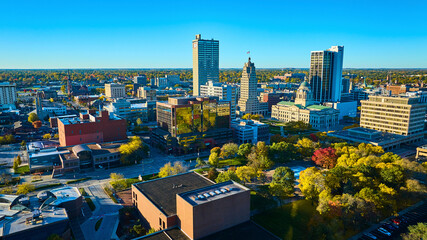 Aerial Sunrise over Fort Wayne Skyline with Historic Dome