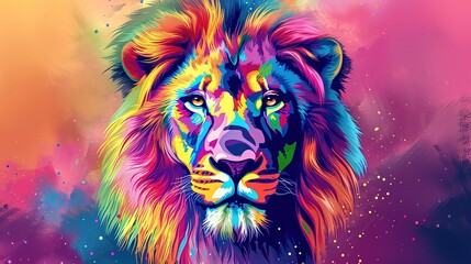 creative colorful lion king head on pop art style with soft mane and color background - obrazy, fototapety, plakaty