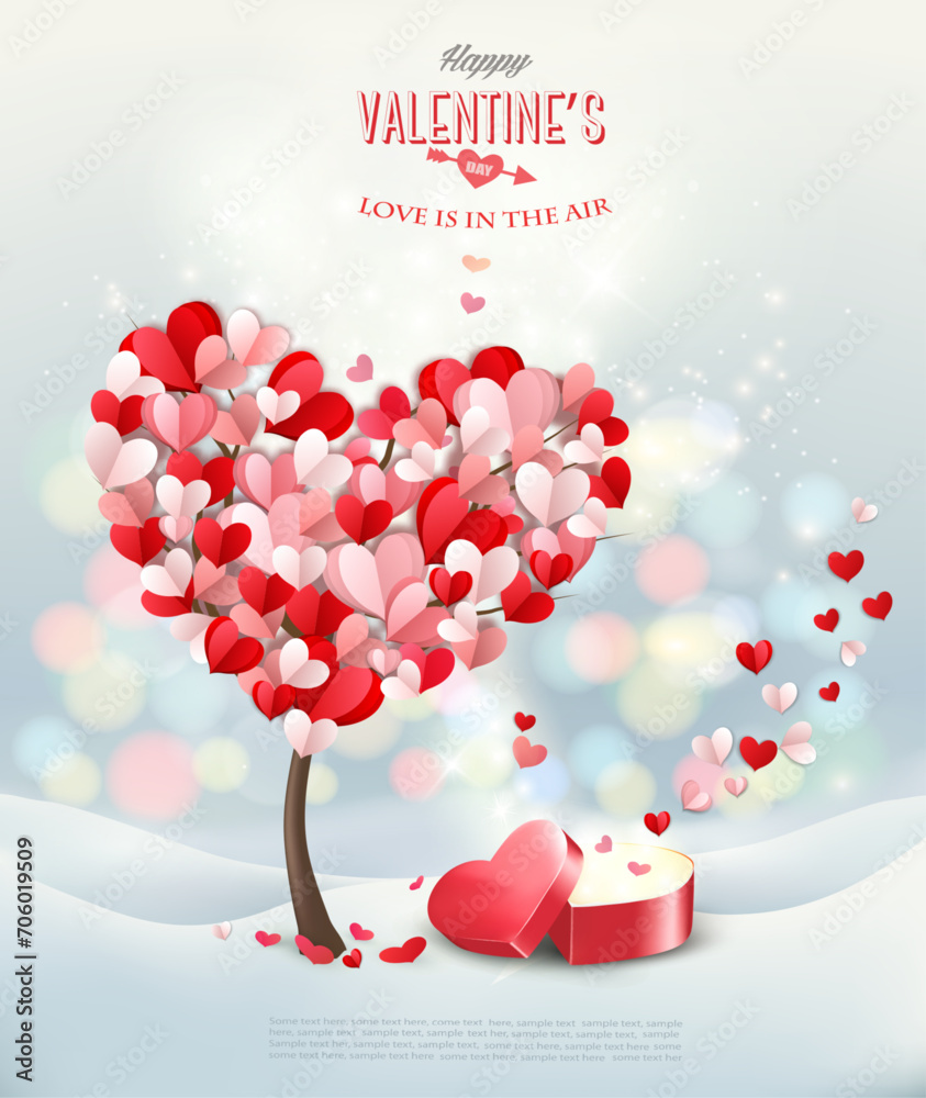 Aufkleber valentine's day background with heart shaped tree and open red heart shaped gift box. vector.