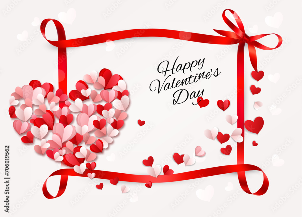Poster happy valentine's day beautiful card with colorful hearts collected in the shape of a heart and a re