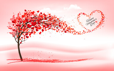 Festive background for Valentine's Day. Tree with heart-shaped leaves and leaves collected in the shape of a heart. Vector - 706019527