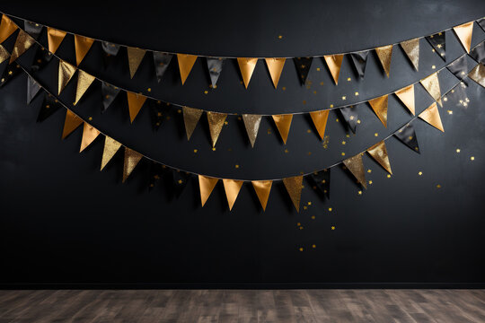Festive garland with black and gold flags on a black wall. Generated by artificial intelligence