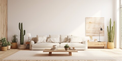 White textured colors decorate the beautiful spring interior with a beige sofa, rug, and large cactus in the living room.
