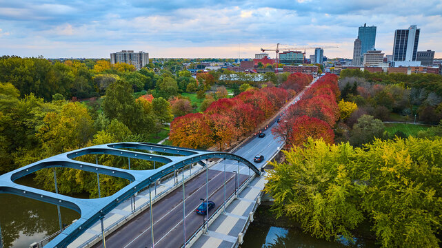 Aerial Golden Hour over Martin Luther King Bridge in Autumn