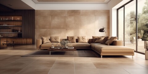 Luxurious family house with contemporary living room, spacious leather sofa, and tiled floors.