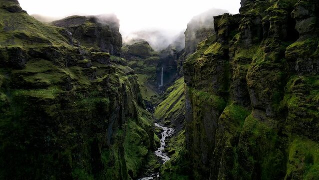 Mulagljufur Canyon with Hangandifoss Waterfall , Iceland. travel destination.landscape footage