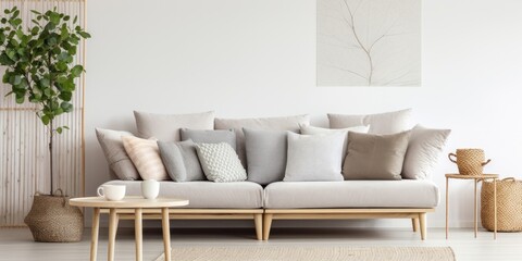 Patterned pillows on a beige settee in a stylish Scandinavian living room.