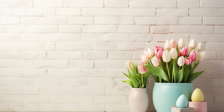 Easter-themed decorations in a home interior, featuring tulips, pastel eggs, and a white brick wall background with room for additional content.