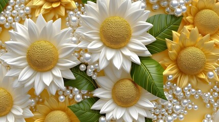 3d seamless sunflowers with leaves and glistening pearls patterns, pale yellow, wihte and gold...