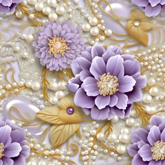 colourful 3d seamless wedding flowers and glistening pearls and lace patterns, pale purple, wihte...