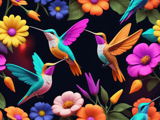 Vibrant Hummingbird Icons - Cute and quirky 3D neon icons of hummingbirds sipping nectar from vibrant flowers on vivid backdrops Gen AI - obrazy, fototapety, plakaty