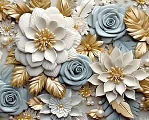 colourful 3d seamless flowers with wedding roses and pearls patterns, light grey and gold colors