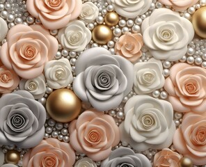 colourful 3d seamless wedding roses and glistening pearls patterns, blush, grey, wihte and gold...