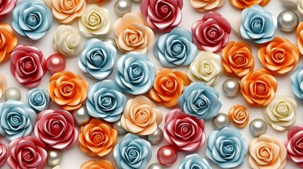 colourful 3d seamless flowers with wedding roses and pearls patterns on a white background