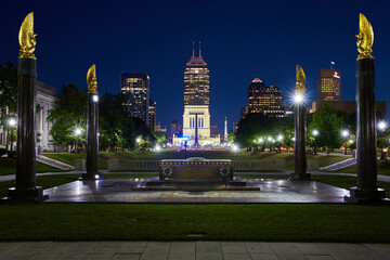 Golden Eagle Statues and War Memorial at Night, Indianapolis Park