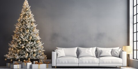 Modern living room with a big white sofa and Christmas tree.