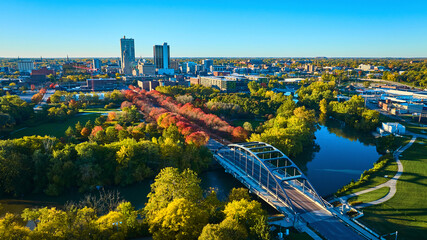 Aerial View of Autumnal Fort Wayne Skyline with MLK Bridge and River