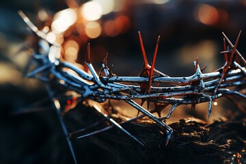 close up on Jesus Christ's crown of thorns with blood, death of Christ, easter concept, religious symbol of christianity - obrazy, fototapety, plakaty