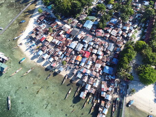 Drone view of Mabul Island, the base for diving in Sipadan Island, Sabah state in Malaysia.