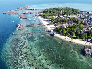 Drone view of Mabul Island, the base for diving in Sipadan Island, Sabah state in Malaysia.