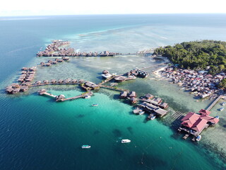 Drone view of Mabul Island, the base for diving in Sipadan Island, Sabah state in Malaysia.
