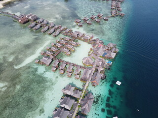 Drone view of Mabul Island, the base for diving in Sipadan Island, Sabah state in Malaysia.