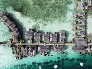 Drone view of Mabul Island, the base for diving in Sipadan Island, Sabah state in Malaysia.