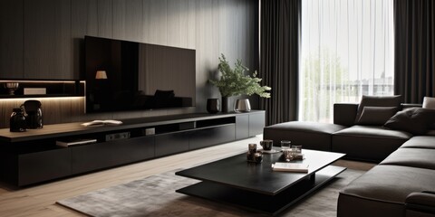 Modern apartment with spacious living room featuring black sofa, coffee tables, and television.