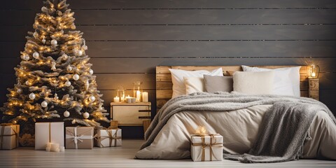 Festive bedroom adorned with a small Christmas tree, pine branches, and LED lights.