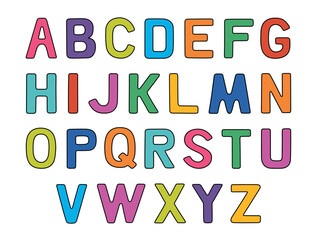 Multicolored English alphabet, uppercase letters. Creative childish typeface. Hand drawn vector illustration isolated on white background. Trendy flat cartoon style.