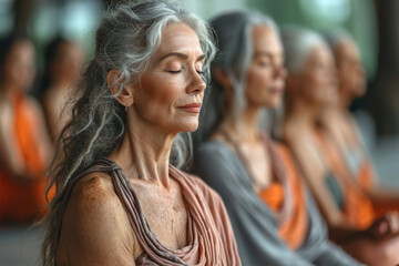 Diverse group of senior women meditating together in yoga class