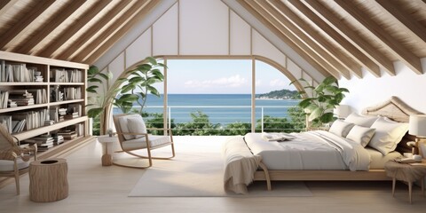  a attic bedroom with panoramic view, white and wooden walls, double bed with bookshelf above, large window with tropical scenery, and two beige armchairs near coffee table.