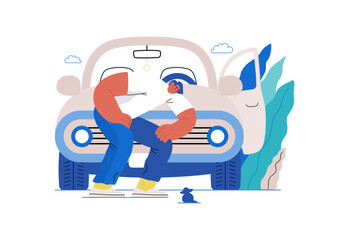 Mutual Support: Adopting a stray animal -modern flat vector concept illustration of man stopping his car for a kitten on the road A metaphor of voluntary, collaborative exchanges of resource, services